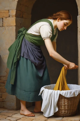 girl with cloth,laundress,bouguereau,cleaning woman,girl with bread-and-butter,girl in cloth,basket weaver,basket maker,woman hanging clothes,woman at the well,girl in the kitchen,girl with a wheel,washing clothes,woman holding pie,girl picking flowers,cleaning service,housekeeper,laundry,housework,italian painter,Art,Classical Oil Painting,Classical Oil Painting 04
