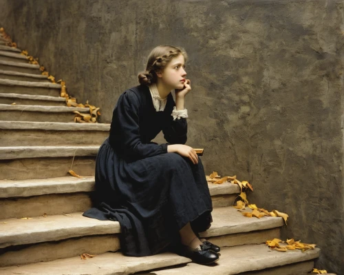 girl on the stairs,woman sitting,girl sitting,mary pickford - female,lillian gish - female,mary pickford,praying woman,woman thinking,woman praying,ingrid bergman,girl in a long dress,depressed woman,ethel barrymore - female,contemplation,contemplative,woman eating apple,vintage woman,melancholy,thoughtful,woman playing,Art,Classical Oil Painting,Classical Oil Painting 11