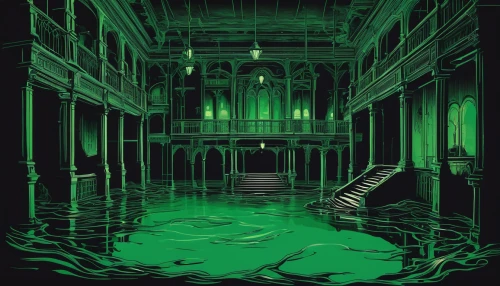 sunken church,flooded,underground lake,haunted cathedral,green water,patrol,abandoned place,ghost castle,cistern,acid lake,abandoned room,hall of the fallen,swamp,emerald sea,water castle,green algae,haunted castle,green beer,sunken ship,submerge,Illustration,Realistic Fantasy,Realistic Fantasy 36