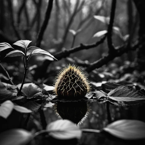 lonely chestnut,durian seed,durian,acorn,fallen acorn,pine cone,teasel,small pineapple,conifer cone,pinecone,young hedgehog,prickle,eastern skunk cabbage,chestnut animal,hedgehog,artichoke,prickly,chestnut with leaf,spiky,seed pod,Photography,Black and white photography,Black and White Photography 01