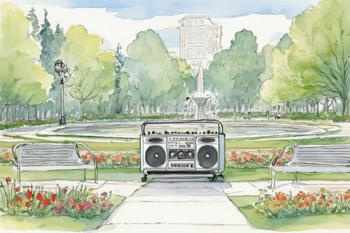 lafayette park,lafayette square,camera illustration,spring garden,urban park,center park,central park,watercolor paris,battery park,city park,fountain lawn,centennial park,champ de mars,walk in a park,hoboken condos for sale,capitol square,boombox,watercolor background,the boulevard arjaan,temple square,Illustration,Black and White,Black and White 29