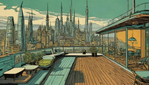 sci fiction illustration,futuristic landscape,fantasy city,houseboat,post-apocalyptic landscape,floating huts,futuristic architecture,sky apartment,cityscape,roof landscape,skyline,docks,sky city,roof terrace,city cities,boardwalk,docked,sci - fi,sci-fi,urbanization,Art,Artistic Painting,Artistic Painting 07