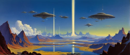 futuristic landscape,alien world,alien planet,ufos,planet alien sky,asteroids,science fiction,federation,binary system,alien invasion,space ships,sky space concept,ufo intercept,extraterrestrial life,space art,ufo,vast,scifi,compans-cafarelli,sci fiction illustration,Conceptual Art,Sci-Fi,Sci-Fi 16