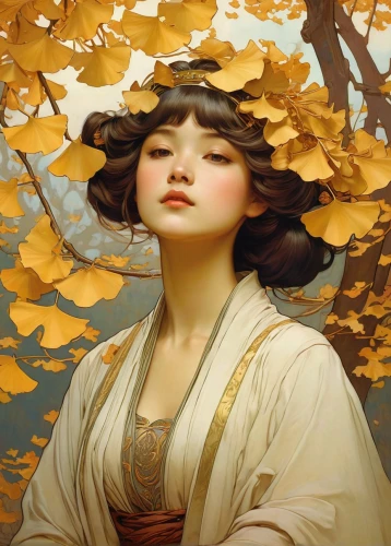 geisha,chinese art,junshan yinzhen,geisha girl,oriental painting,oriental princess,golden autumn,oriental girl,japanese art,the autumn,dongfang meiren,jasmine blossom,light of autumn,autumn idyll,japanese woman,oriental,autumn gold,fantasy portrait,asian woman,girl with tree,Illustration,Retro,Retro 03