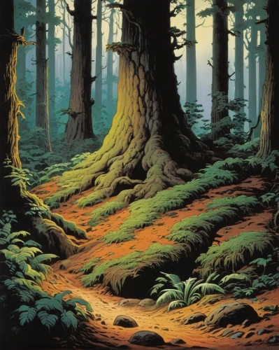 forest landscape,old-growth forest,coniferous forest,forest floor,spruce forest,cartoon forest,fir forest,forest background,temperate coniferous forest,forest,the forests,forests,the forest,spruce-fir forest,forest tree,northwest forest,deciduous forest,forest glade,forest dark,pine forest,Illustration,Retro,Retro 18
