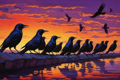 crested terns,gulls,seabirds,sea gulls,bird painting,group of birds,migratory birds,flock of birds,sea birds,seagulls,a flock of pigeons,murder of crows,starlings,wild birds,perching birds,the birds,perched birds,colorful birds,bird migration,birds,Illustration,Realistic Fantasy,Realistic Fantasy 05