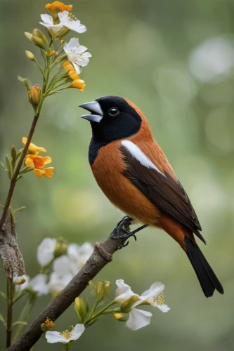 black headed grosbeak,rufous,eurasian bullfinch,grosbeak,eastern towhee,chestnut-backed chickadee,baltimore oriole,white-winged widowbird,old world oriole,eastern spinebill,towhee,oriole,chestnut munia,daurian redstart,white-headed munia,bullfinch,coucal,flame robin,munia,spinebill,Conceptual Art,Fantasy,Fantasy 23