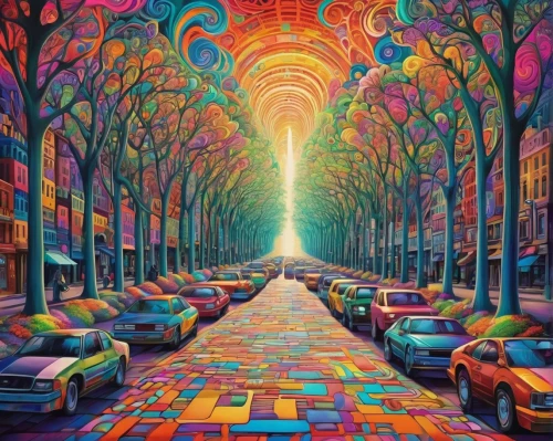 colorful city,kaleidoscope art,psychedelic art,tree-lined avenue,kaleidoscope,kaleidoscopic,colorful tree of life,boulevard,lsd,color fields,colorful light,avenue,passage,pedestrian,the boulevard arjaan,tree lined lane,paris,old avenue,oil painting on canvas,psychedelic,Illustration,Realistic Fantasy,Realistic Fantasy 39