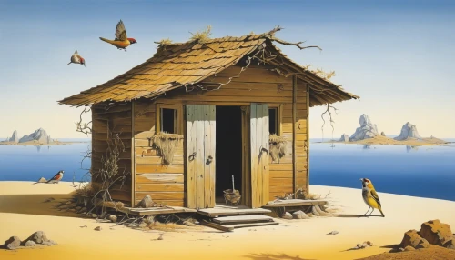 outhouse,fisherman's hut,bird house,beach hut,wooden hut,birdhouse,bird home,fisherman's house,stilt house,surrealism,dog house,pigeon house,little house,ancient house,holiday home,wooden house,straw hut,floating huts,summer house,huts,Art,Artistic Painting,Artistic Painting 20