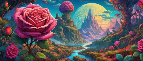 landscape rose,mushroom landscape,way of the roses,blooming roses,world digital painting,flowerful desert,tropical bloom,rose flower illustration,fantasy landscape,rose bloom,flora,colorful roses,digital painting,noble roses,fairy forest,fairy world,free land-rose,forest of dreams,pink roses,coral reef,Illustration,Realistic Fantasy,Realistic Fantasy 39