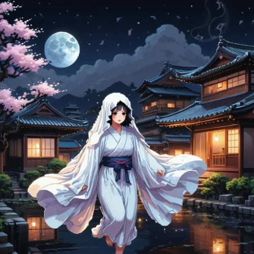 night-blooming jasmine,japanese sakura background,tsukemono,sakura background,geisha,mukimono,honzen-ryōri,oriental princess,geisha girl,moonlit night,hanbok,mulan,kyoto,anime japanese clothing,japanese art,white blossom,sakura blossom,goki,senso-ji,ginkaku-ji