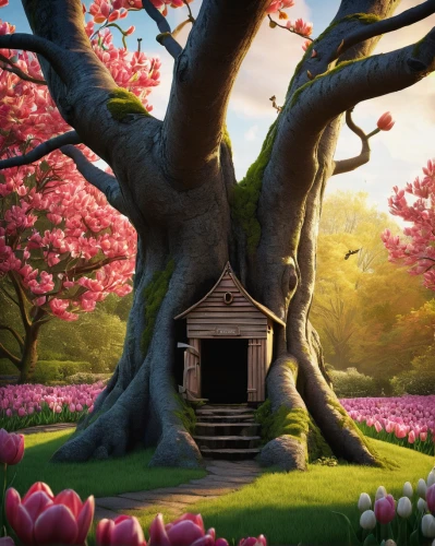 fairy house,fairy door,tree house,springtime background,home landscape,cartoon video game background,spring background,little house,house in the forest,japanese sakura background,magnolia tree,treehouse,beautiful home,children's background,small house,ancient house,fairy chimney,cottage,blossom tree,wooden hut,Illustration,Paper based,Paper Based 14