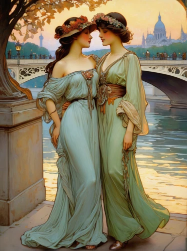 the three graces,emile vernon,bougereau,young women,art nouveau,promenade,serenade,summer evening,mucha,two girls,courtship,vintage art,idyll,asher durand,accolade,1905,young couple,1906,crème de menthe,july 1888,Illustration,Retro,Retro 03