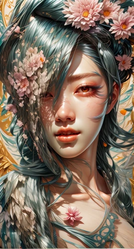japanese floral background,flower fairy,girl in flowers,falling flowers,blossoms,flora,amano,japanese art,flower painting,floral japanese,bloom,geisha girl,white blossom,fantasy portrait,geisha,flowers celestial,petals,fallen petals,wreath of flowers,blooming wreath