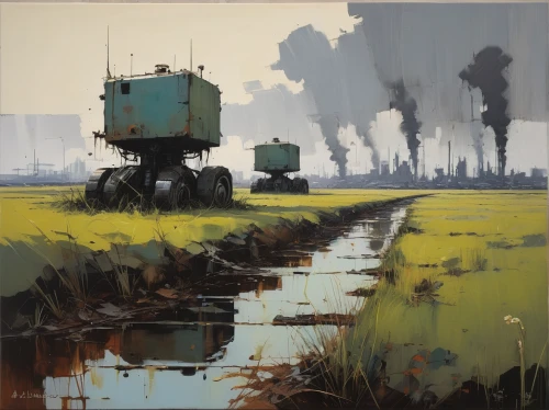 industrial landscape,oil tank,suitcase in field,rural landscape,dutch landscape,post-apocalyptic landscape,plains,machinery,oil,machines,farm landscape,marsh,tractor,swampy landscape,bottleneck,prairie,water tank,transistor,oil industry,rural,Conceptual Art,Fantasy,Fantasy 10