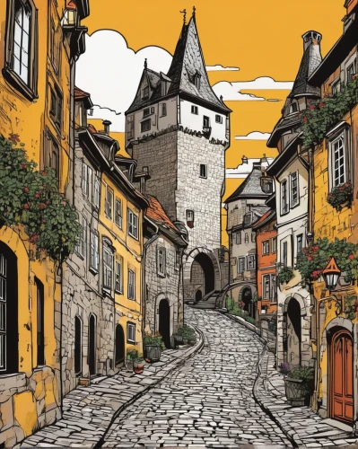 medieval street,rothenburg,the cobbled streets,sighisoara,medieval town,schaffhausen,bamberg,regensburg,houses clipart,mikulov,sibiu,tübingen,erfurt,český krumlov,cobblestones,krumlov,nuremberg,meersburg,cobblestone,freiburg,Illustration,Vector,Vector 11