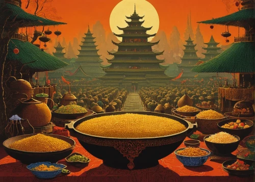buddhist hell,gamelan,han thom,orientalism,spice market,cauldron,mushroom landscape,rice mountain,golden pot,borodundur,asian conical hat,burmese food,singing bowls,tibetan bowls,tibetan bowl,ancient singing bowls,asian lamp,borobudur,chinese art,bowl of rice,Conceptual Art,Sci-Fi,Sci-Fi 17