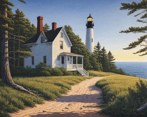 thimble islands,light house,crisp point lighthouse,lighthouse,summer cottage,electric lighthouse,cape cod,light station,cottage,coastal landscape,maine,point lighthouse torch,battery point lighthouse,home landscape,seaside country,new england,martha's vineyard,red lighthouse,fisherman's house,beach landscape,Illustration,Realistic Fantasy,Realistic Fantasy 11