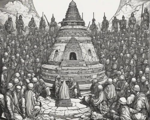 buddhist hell,borobudur,kharut pyramid,borobodur,borodundur,buddhists monks,theravada buddhism,bodhisattva,monks,somtum,stupa,the abbot of olib,buddhists,sadhus,pilgrimage,prejmer,kathmandu,tower of babel,place of pilgrimage,hinnom,Illustration,Black and White,Black and White 28