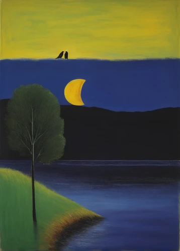 night scene,hanging moon,crescent moon,evening lake,moonlit night,black landscape,river landscape,the night of kupala,indigenous painting,boat landscape,moonrise,idyll,night bird,landscape,moon night,an island far away landscape,olle gill,nocturnal bird,coastal landscape,rural landscape,Art,Artistic Painting,Artistic Painting 26