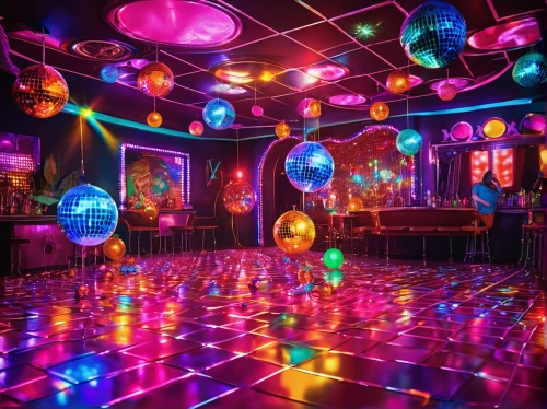 party lights,nightclub,disco,disco ball,party decoration,colored lights,party decorations,prism ball,mirror ball,rave,colorful light,ballroom,string lights,colorful balloons,go-go dancing,rainbow color balloons,ufo interior,neon cocktails,clubbing,dance club,Illustration,Realistic Fantasy,Realistic Fantasy 38