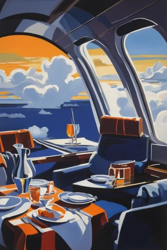 breakfast on board of the iron,retro diner,air new zealand,china southern airlines,beach restaurant,drive in restaurant,ufo interior,business jet,art deco,travel poster,dining,futuristic landscape,space tourism,diner,teacups,picnic boat,aircraft cabin,aperol,airline travel,fine dining restaurant,Art,Artistic Painting,Artistic Painting 41