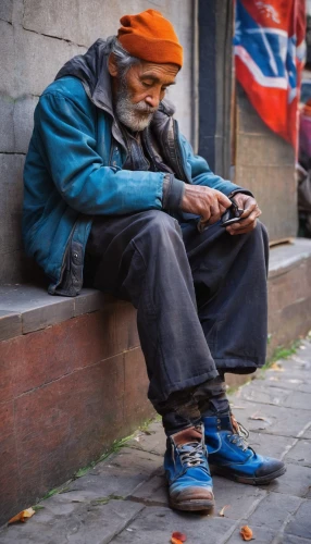 indian monk,nepal,mobile banking,vendor,pensioner,sikh,thames trader,man talking on the phone,tablets consumer,elderly man,street life,kathmandu,homeless man,man on a bench,man praying,street photography,street musician,mobile gaming,streetlife,the integration of social,Conceptual Art,Oil color,Oil Color 03