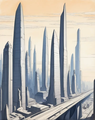 futuristic landscape,pylons,megaliths,futuristic architecture,skyscrapers,post-apocalyptic landscape,metropolis,monolith,towers,high-rises,ancient city,monuments,stone towers,art deco background,pillars,barren,obelisk,high rises,matruschka,atomic age,Illustration,Retro,Retro 22