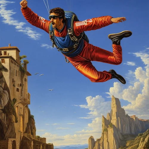 skydiver,skydiving,skydive,parachutist,base jumping,tandem skydiving,parachute jumper,glider pilot,figure of paragliding,take-off of a cliff,montgolfiade,paraglider,tandem jump,harness-paraglider,sci fiction illustration,parachuting,paratrooper,leap of faith,flying noodles,flying,Art,Classical Oil Painting,Classical Oil Painting 19