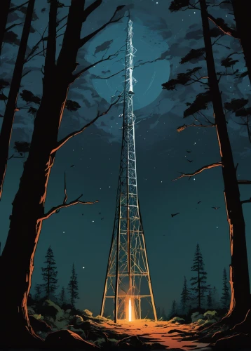 cell tower,radio tower,cellular tower,fire tower,communications tower,antenna tower,transmission tower,transmitter station,electric tower,radio masts,transmitter,spire,beacon,obelisk,telecommunications masts,television tower,transmission mast,steel tower,the needle,tipi,Illustration,American Style,American Style 06