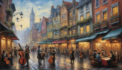 grand bazaar,street musicians,street scene,oil painting on canvas,gas lamp,man with umbrella,medieval market,christmas market,art painting,medieval street,bremen town musicians,shopping street,umbrellas,oil painting,souk,world digital painting,the pied piper of hamelin,italian painter,old city,the cobbled streets,Illustration,Abstract Fantasy,Abstract Fantasy 14