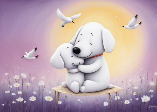 snoopy,dog angel,dog illustration,doves of peace,dove of peace,cute cartoon image,white dog,coton de tulear,sealyham terrier,great pyrenees,bichon,dogo argentino,old english sheepdog,children's background,dog cartoon,the dog a hug,inner peace,english white terrier,white dove,basset fauve de bretagne,Illustration,Abstract Fantasy,Abstract Fantasy 22