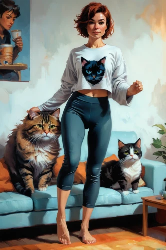 world digital painting,cat coffee,sci fiction illustration,cat's cafe,girl with cereal bowl,woman drinking coffee,retro women,cat lovers,mary jane,cat mom,super heroine,cat family,retro woman,digital painting,girl in t-shirt,firestar,felines,illustrator,cats,red tabby,Conceptual Art,Oil color,Oil Color 04