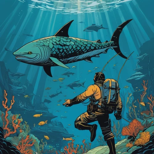 scuba,big-game fishing,fish-surgeon,aquaman,giant fish,aquaculture,coelacanth,aquarium,aquarium inhabitants,sci fiction illustration,giant carp,game illustration,marine animal,fisherman,school of fish,sea scouts,angler,god of the sea,scuba diving,fish in water,Illustration,Vector,Vector 03