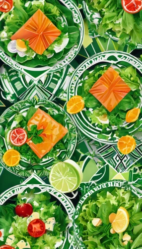 rice paper,salad plate,placemat,saladitos,st patrick's day icons,food collage,bandana background,slices,seamless pattern,carpaccio,sushi plate,watercress,salad platter,sliced lime,sushi art,sashimi,rice paper roll,green salad,platter,background pattern,Illustration,Vector,Vector 16