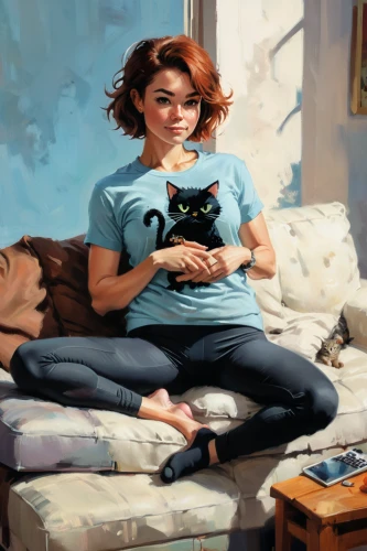 girl with cereal bowl,woman sitting,girl studying,girl sitting,world digital painting,digital painting,girl with dog,girl in t-shirt,domestic cat,cat mom,girl at the computer,ritriver and the cat,sci fiction illustration,cat's cafe,painting technique,cat lovers,oil painting,photo painting,knitting,woman on bed,Conceptual Art,Oil color,Oil Color 04