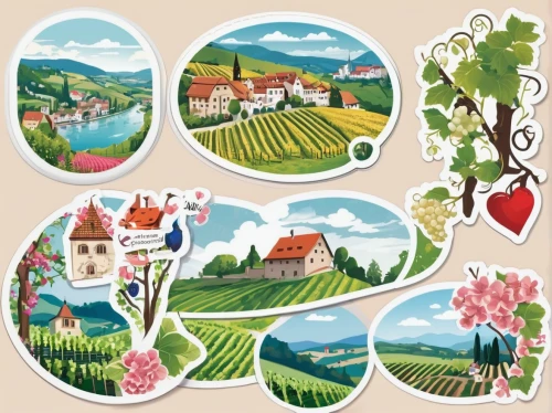 houses clipart,wine region,fairy tale icons,vineyards,appenzeller,bavarian swabia,styria,kaiserstuhl,piemonte,slovenia,bavaria,asiago,wachau,square labels,slovak tatras,clipart sticker,high rhône valley,villages,viticulture,patterned labels,Unique,Design,Sticker