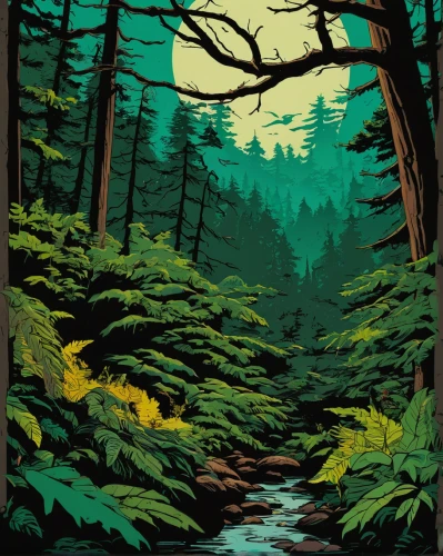coniferous forest,spruce forest,forests,forest,the forests,forest landscape,temperate coniferous forest,northwest forest,cartoon forest,spruce-fir forest,redwoods,old-growth forest,fir forest,the forest,forest road,green forest,pine forest,forest background,pine trees,deciduous forest,Illustration,American Style,American Style 08