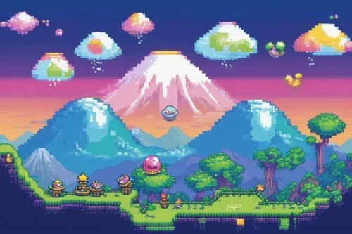 mountain world,mushroom island,mushroom landscape,cloud mountain,fairy world,fairy village,pixel art,an island far away landscape,mountains,floating island,rainbow world map,cloud mountains,bird kingdom,biome,flying island,mountain scene,high mountains,mountain landscape,mountain,floating islands,Unique,Pixel,Pixel 02