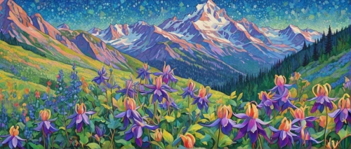 lupines,denali,mountain scene,telluride,the spirit of the mountains,salt meadow landscape,alpine flowers,rockies,mountain meadow,alpine meadow,lupine,cascades,wildflowers,teton,himalaya,the valley of flowers,snowy peaks,annapurna,field of flowers,purple landscape,Conceptual Art,Daily,Daily 31