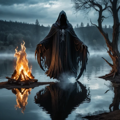 grimm reaper,the witch,the night of kupala,dark art,dance of death,shamanic,shamanism,celebration of witches,grim reaper,supernatural creature,mirror of souls,witch house,cauldron,fantasy picture,walpurgis night,halloween and horror,hooded man,sorceress,photomanipulation,death god,Illustration,Realistic Fantasy,Realistic Fantasy 46