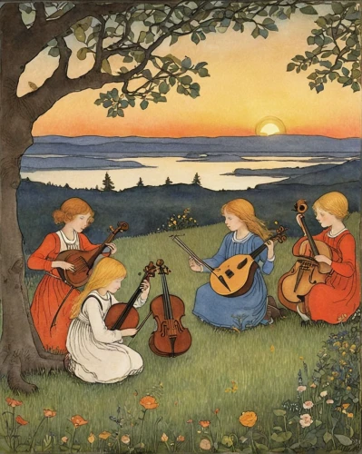 serenade,musicians,sound of music,folk music,kate greenaway,bouzouki,cavaquinho,idyll,woman playing,classical guitar,plucked string instruments,musical ensemble,girl picking apples,children studying,folk art,balalaika,khokhloma painting,violin family,songbirds,folk instrument,Illustration,Realistic Fantasy,Realistic Fantasy 31