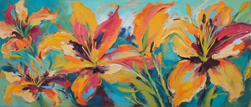 palm lilies,flower painting,lillies,lilies,tropical flowers,daylilies,floral composition,tropical bloom,kahila garland-lily,abstract flowers,cluster-lilies,strelitzia orchids,torch lilies,irises,pineapple lilies,bright flowers,schopf-torch lily,easter lilies,day lily,gladiolus,Conceptual Art,Oil color,Oil Color 20