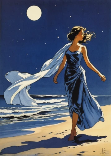 beach moonflower,the wind from the sea,blue moon,girl on the dune,sea night,the girl in nightie,blue moon rose,art deco woman,dance with canvases,moonlit night,sea breeze,wind wave,moonlit,blue painting,little girl in wind,the sea maid,vintage art,moonbeam,cool woodblock images,art painting,Illustration,Black and White,Black and White 17