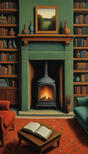 reading room,fireplace,fireplaces,bookshelves,study room,coffee and books,carol colman,fire place,tea and books,books,read a book,sitting room,grant wood,oil painting on canvas,log fire,vintage books,vintage art,robert harbeck,carol m highsmith,paintings,Art,Artistic Painting,Artistic Painting 02