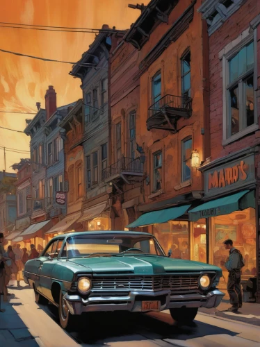 ford galaxie,aronde,chevrolet impala,street scene,lincoln continental,pontiac tempest,ford el falcon,buick electra,buick century,ford fairlane,muscle car cartoon,buick skylark,ford thunderbird,dodge dart,ford falcon,ford starliner,mercury cyclone,edsel,lincoln continental mark v,buick invicta,Conceptual Art,Oil color,Oil Color 04