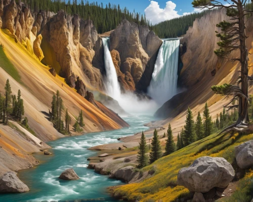 yellowstone,falls of the cliff,bow falls,yellowstone national park,brown waterfall,salt meadow landscape,ilse falls,ash falls,river landscape,water falls,bond falls,jasper national park,cascades,maligne river,falls,natural landscape,waterfalls,world digital painting,nature landscape,united states national park,Art,Classical Oil Painting,Classical Oil Painting 21
