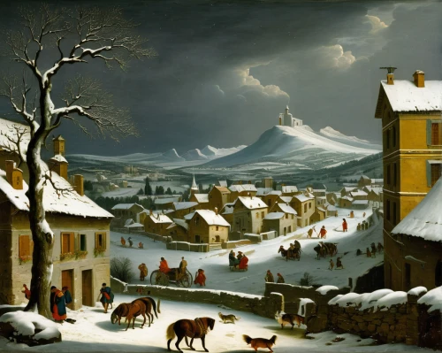 christmas landscape,snow scene,winter landscape,winter village,andreas achenbach,alpine village,snow landscape,hamelin,christmas scene,mountain village,bremen town musicians,bethlehem,snowy landscape,escher village,landseer,mountain scene,village scene,alpine pastures,zermatt,asiago,Art,Classical Oil Painting,Classical Oil Painting 29