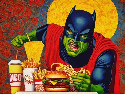 luther burger,modern pop art,red robin,fast-food,baconator,fast food junky,cool pop art,fastfood,diet icon,fast food,burguer,cholado,holy supper,food icons,supervillain,christ feast,super food,appetite,green goblin,holyman,Art,Classical Oil Painting,Classical Oil Painting 30