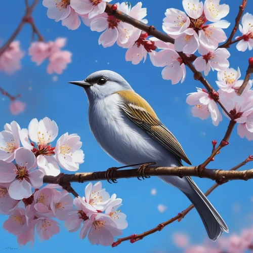 spring bird,spring background,blue birds and blossom,springtime background,japanese sakura background,flower and bird illustration,spring blossom,japanese white-eye,spring blossoms,spring in japan,bird flower,sakura background,spring greeting,spring leaf background,spring nature,magnolia warbler,bird painting,beautiful bird,song bird,japanese cherry,Conceptual Art,Sci-Fi,Sci-Fi 07